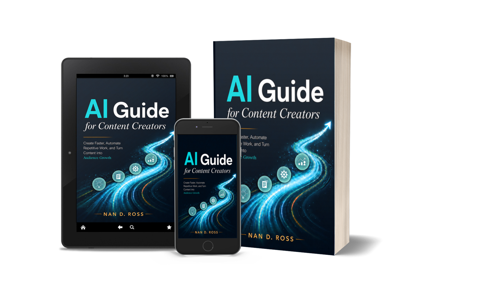 3D mockup of AI Guide for Content Creators book, tablet, and mobile version